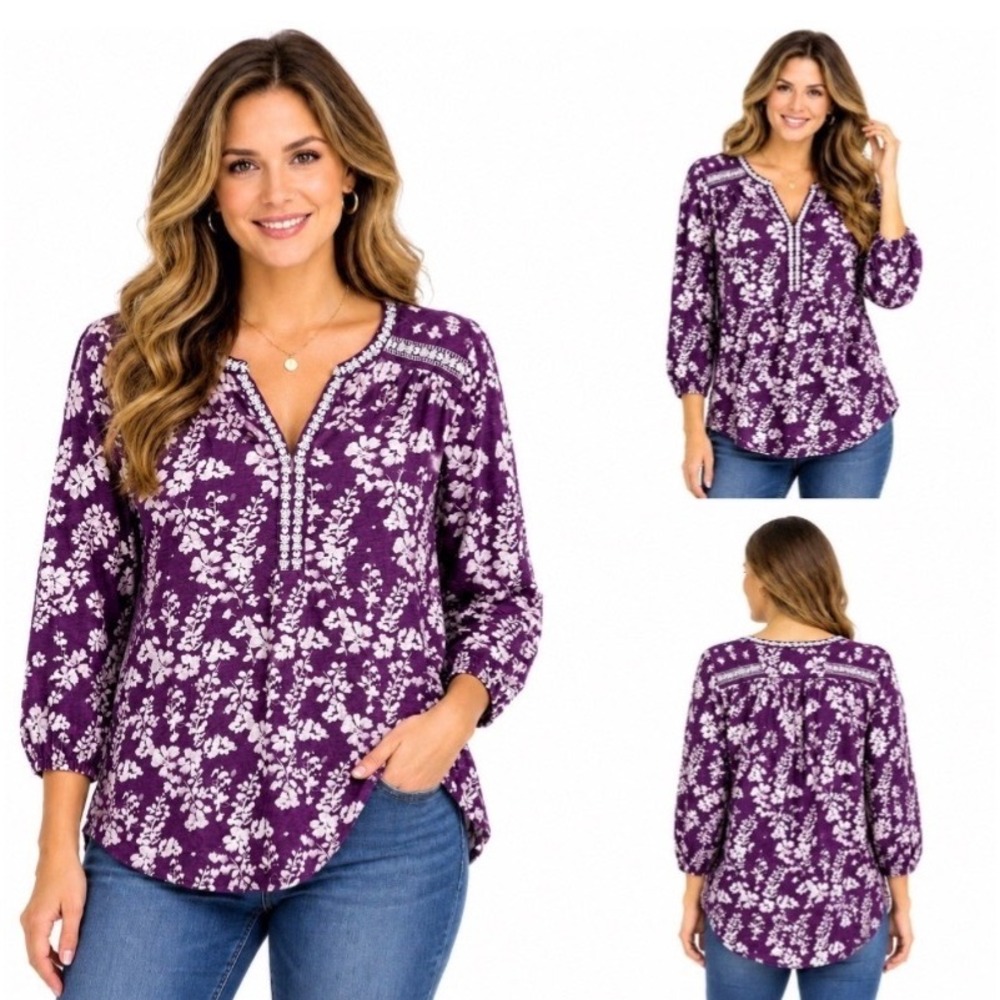 Lucky Brand Large Purple Floral Embroidered Boho V-Neck Top Blouse